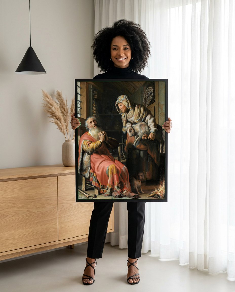 Quadro Decorativo Tobias e Ana com o Cabrito - Rembrandt | modelo apresentando o quadro emoldurado