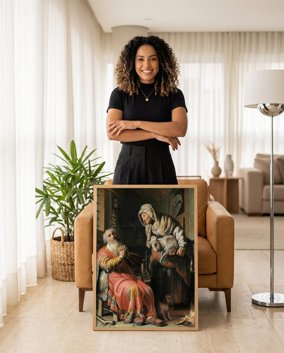 Quadro Decorativo Tobias e Ana com o Cabrito - Rembrandt | modelo apresentando o quadro emoldurado