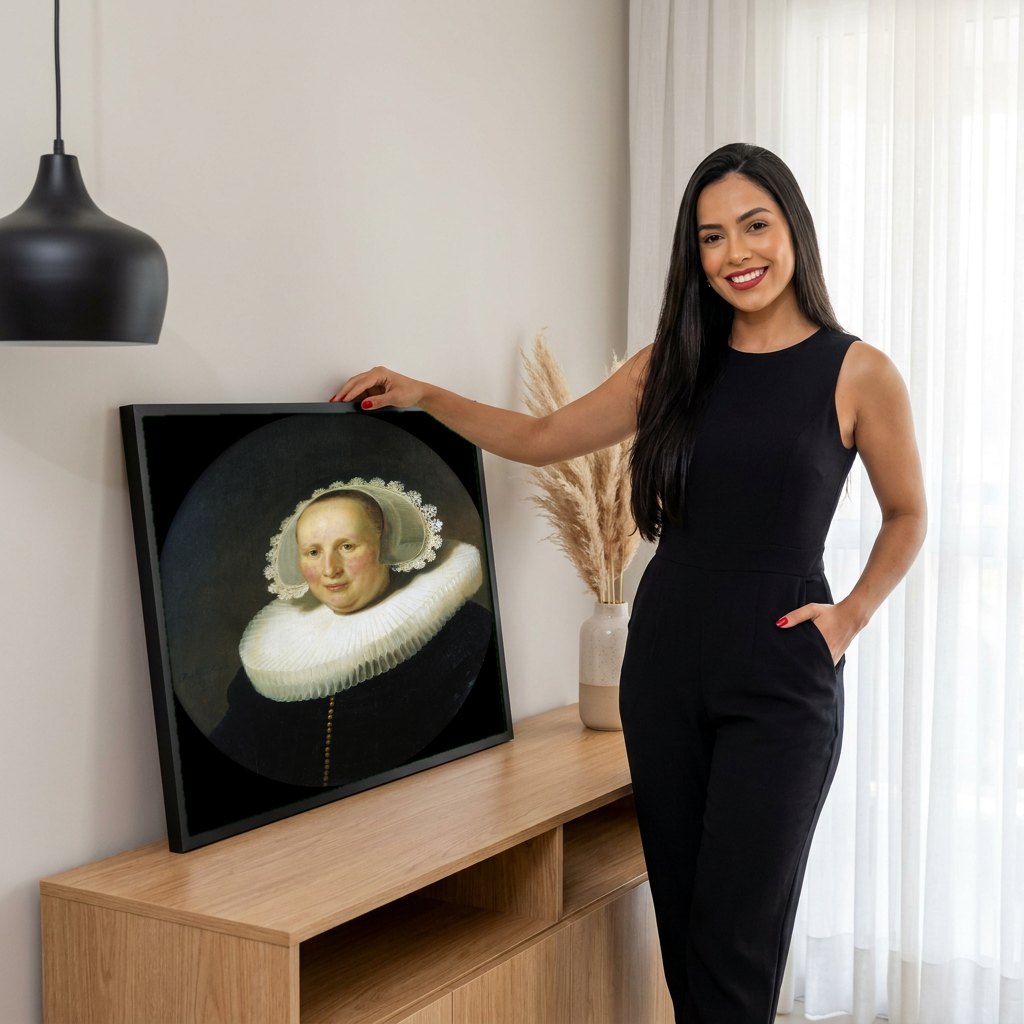 Quadro Decorativo Retrato de Mulher - Rembrandt | modelo apresentando o quadro emoldurado