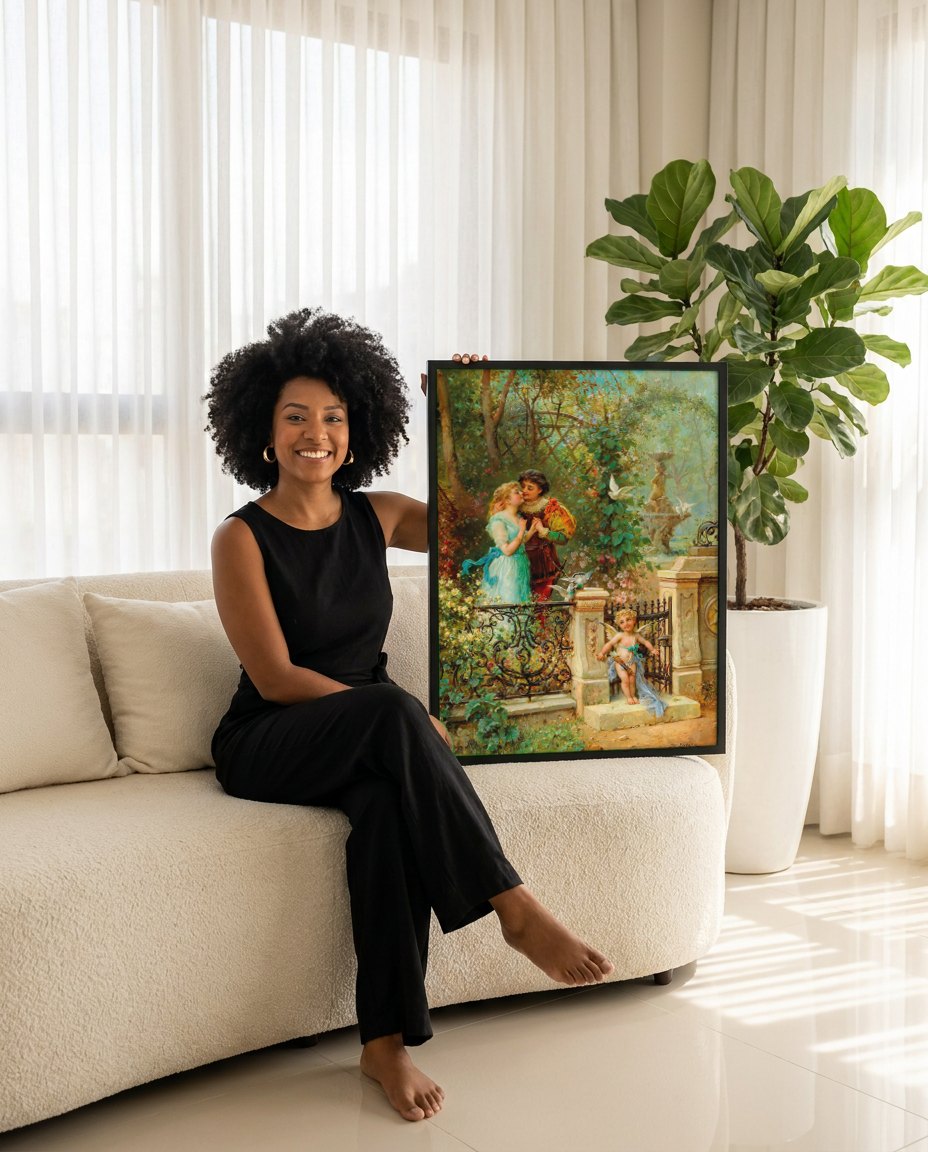 Quadro Decorativo O Beijo Proibido (Atribuído) - Hans Zatzka | modelo apresentando o quadro emoldurado