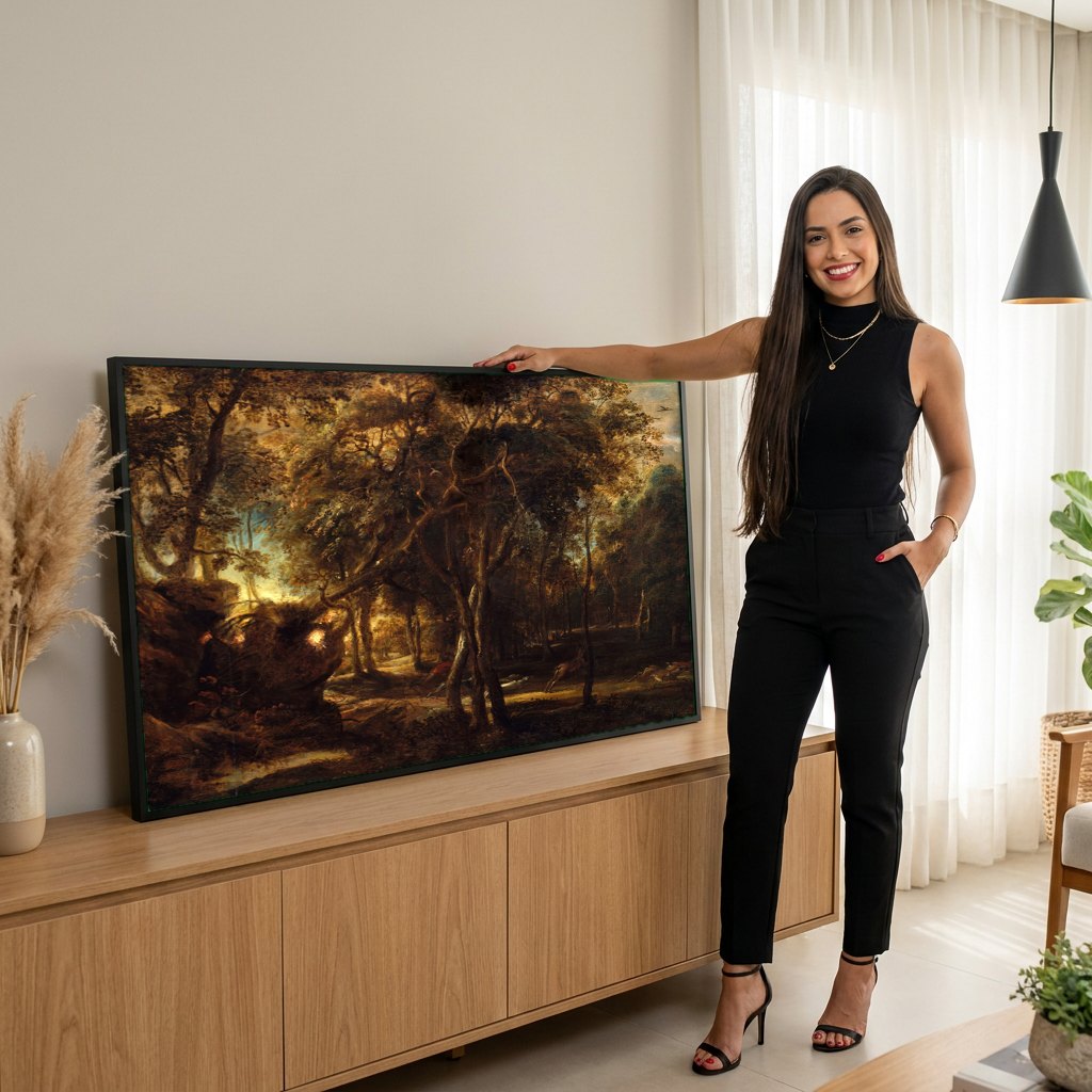Quadro Decorativo A Caça de Atalanta - Rubens | modelo apresentando o quadro emoldurado