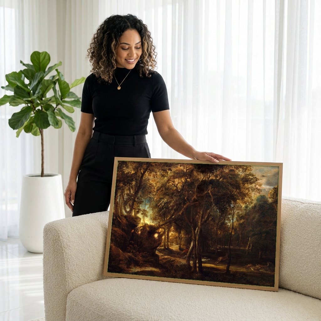 Quadro Decorativo A Caça de Atalanta - Rubens | modelo apresentando o quadro emoldurado
