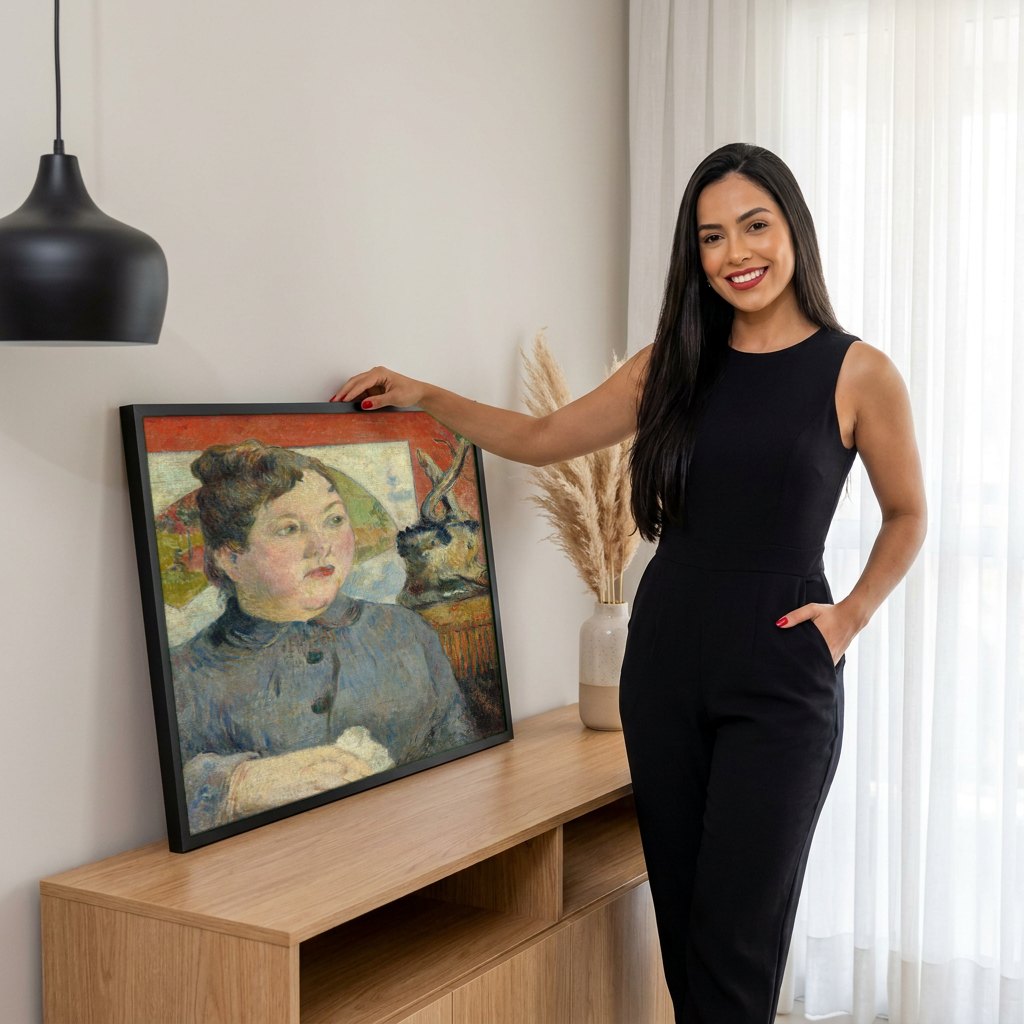 Quadro Decorativo A Mulher com as Mãos Brancas - Gauguin | modelo apresentando o quadro emoldurado