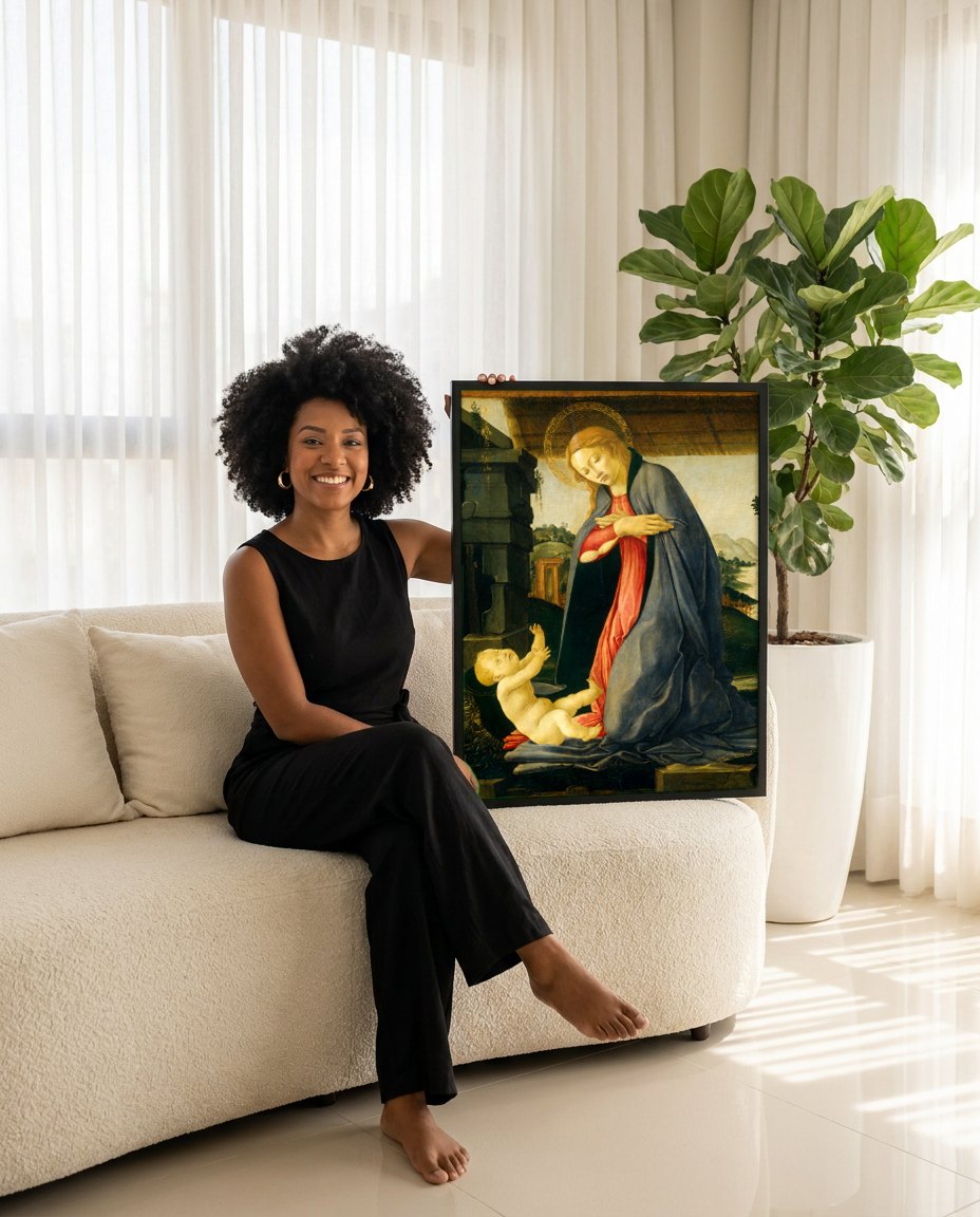 Quadro Decorativo A Adoração do Menino - Botticelli | modelo apresentando o quadro emoldurado