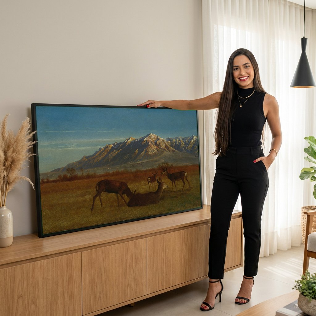 Quadro Decorativo Cervos nas Montanhas - Bierstadt | modelo apresentando o quadro emoldurado