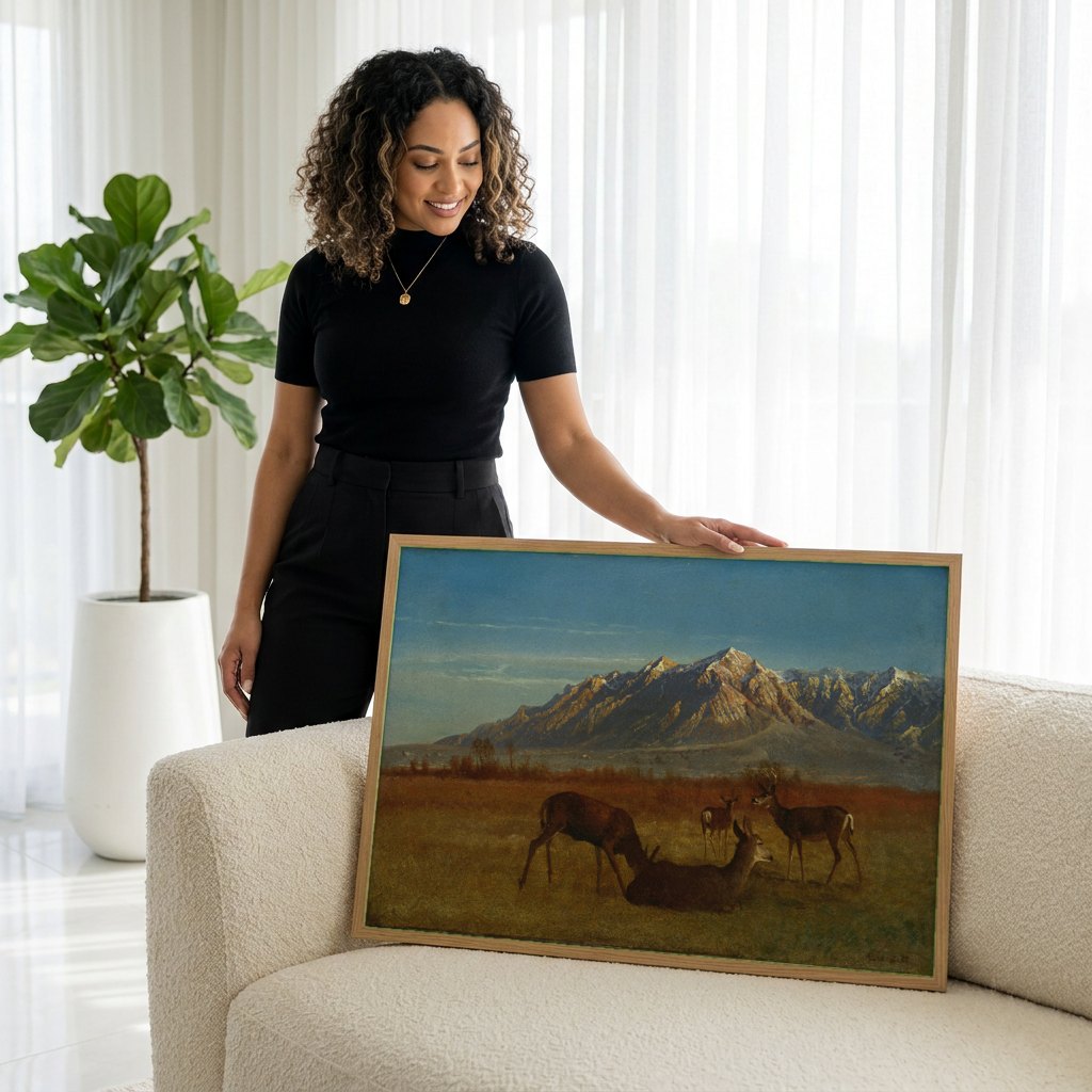 Quadro Decorativo Cervos nas Montanhas - Bierstadt | modelo apresentando o quadro emoldurado