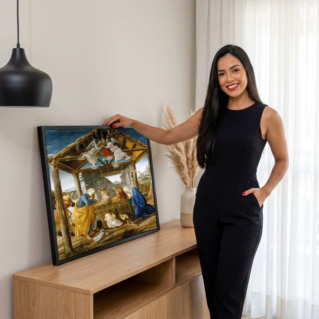 Quadro Decorativo A Natividade Mística - Botticelli | modelo apresentando o quadro emoldurado