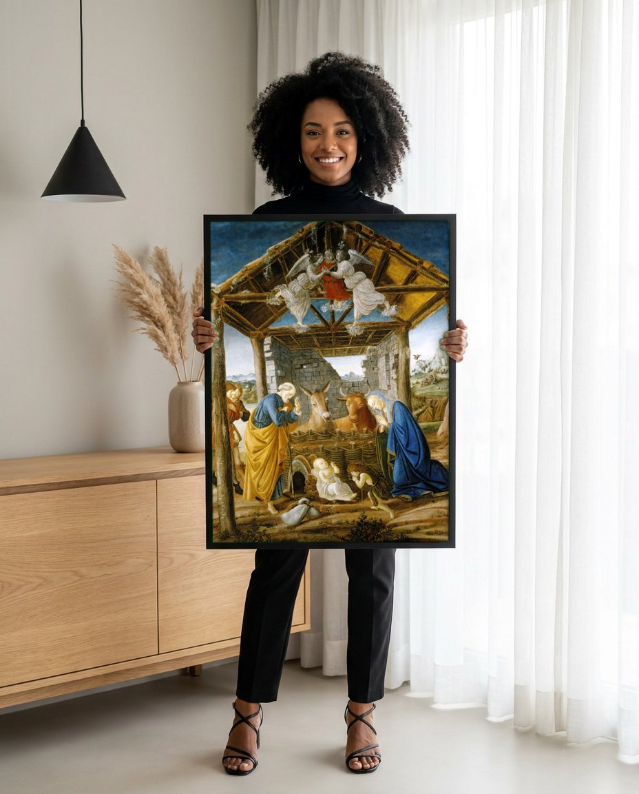 Quadro Decorativo A Natividade Mística - Botticelli | modelo apresentando o quadro emoldurado