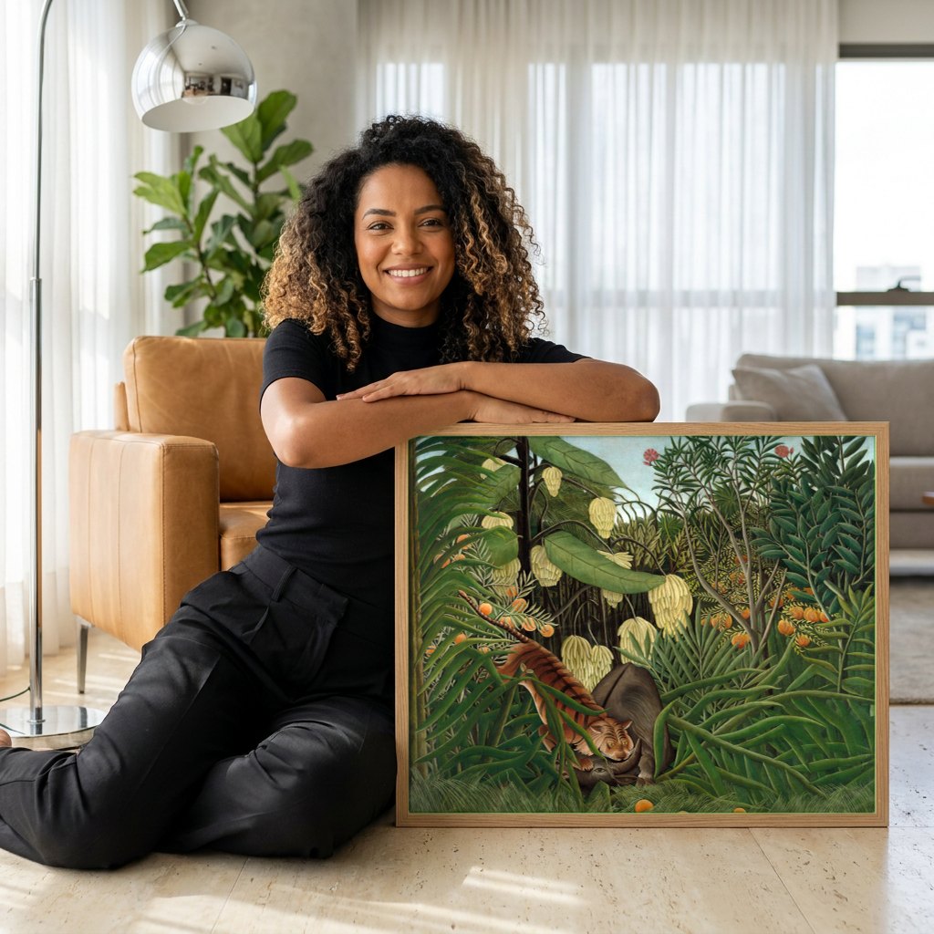 Quadro Decorativo A Luta do Tigre e do Boi - Henri Rousseau | modelo apresentando o quadro emoldurado