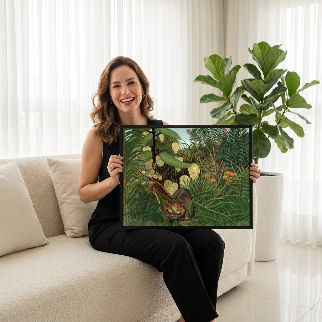 Quadro Decorativo A Luta do Tigre e do Boi - Henri Rousseau | modelo apresentando o quadro emoldurado