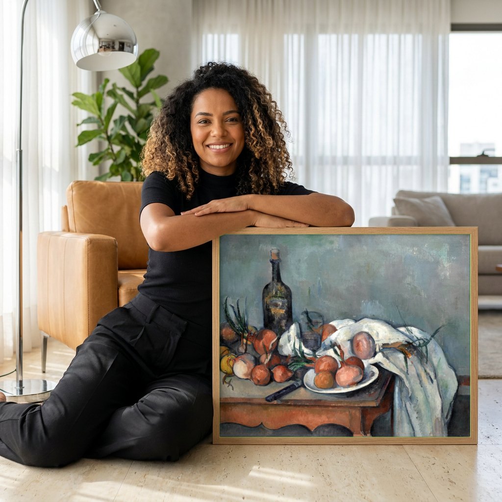 Quadro Decorativo Natureza-Morta com Cebolas - Paul Cézanne | modelo apresentando o quadro emoldurado