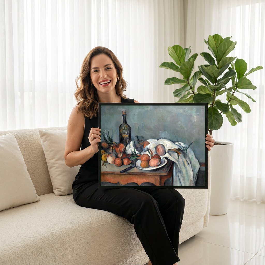 Quadro Decorativo Natureza-Morta com Cebolas - Paul Cézanne | modelo apresentando o quadro emoldurado