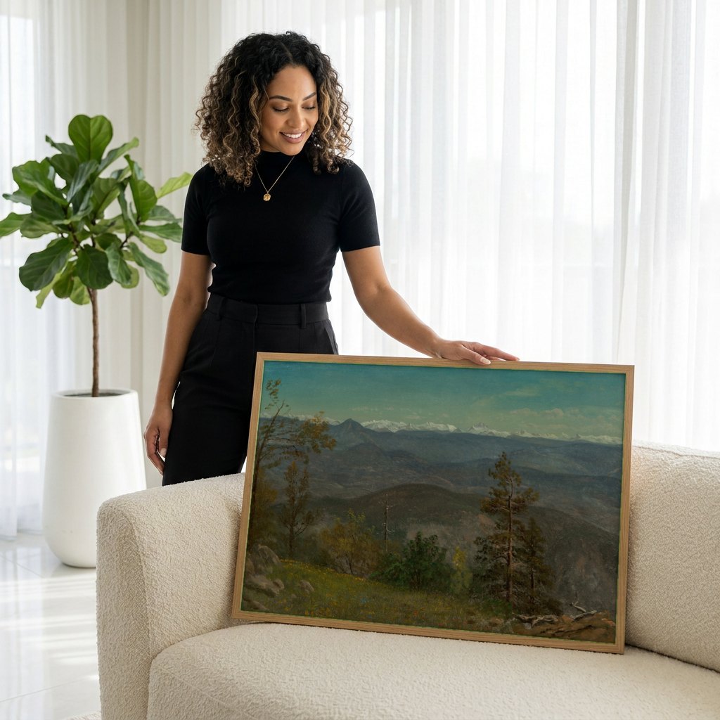 Quadro Decorativo Montanhas Rochosas - Albert Bierstadt | modelo apresentando o quadro emoldurado