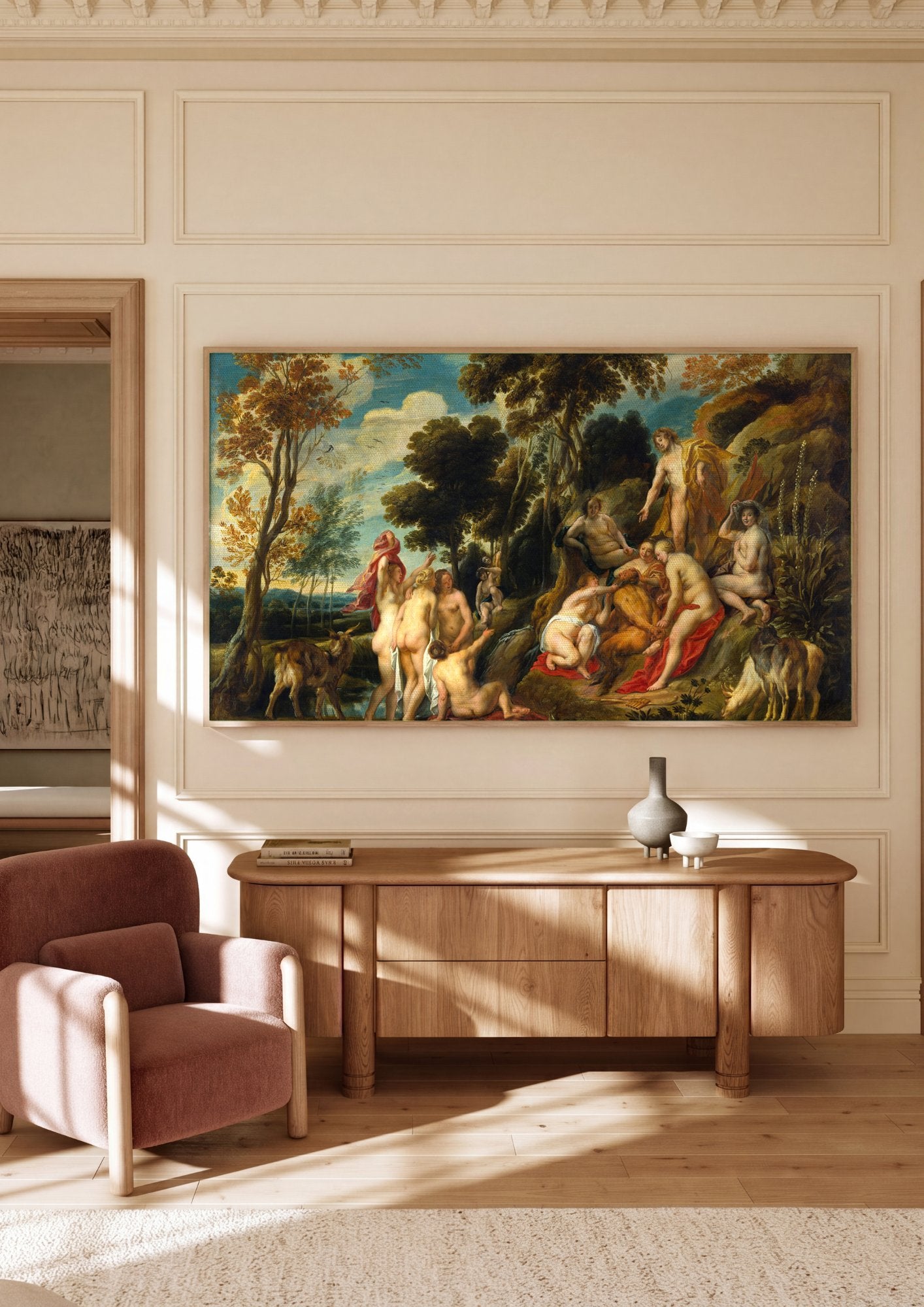 Quadro Decorativo A Oferta a Pan - Jacob Jordaens em ambiente decorado