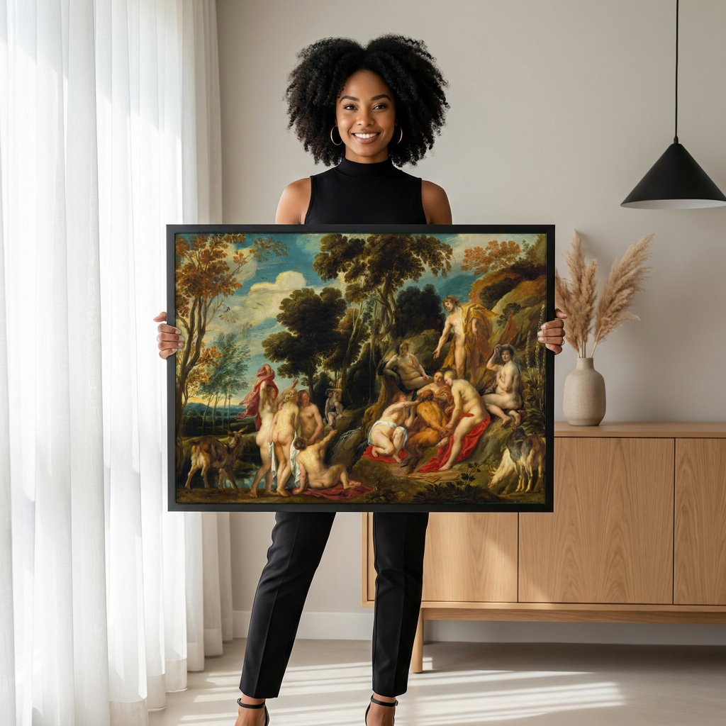 Quadro Decorativo A Oferta a Pan - Jacob Jordaens com modelo em ambiente