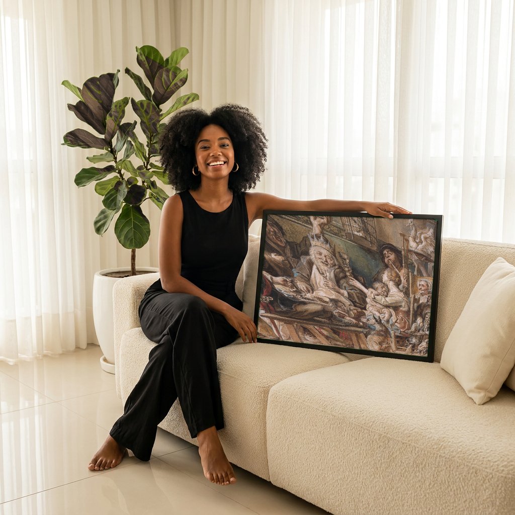 Quadro Decorativo A Festa do Rei - Jacob Jordaens com modelo em ambiente