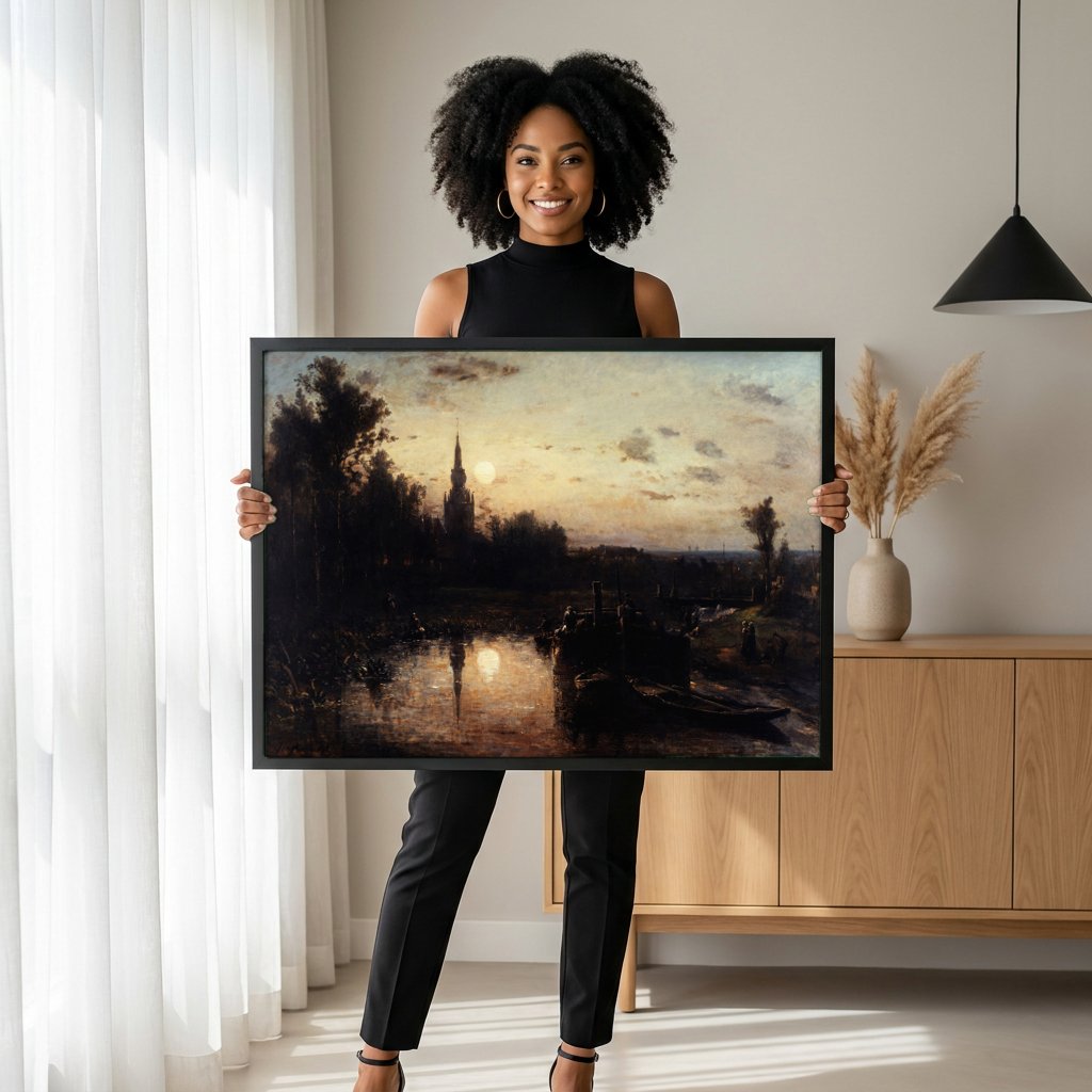 Quadro Decorativo Noite ao Luar - Johan Barthold Jongkind com modelo em ambiente