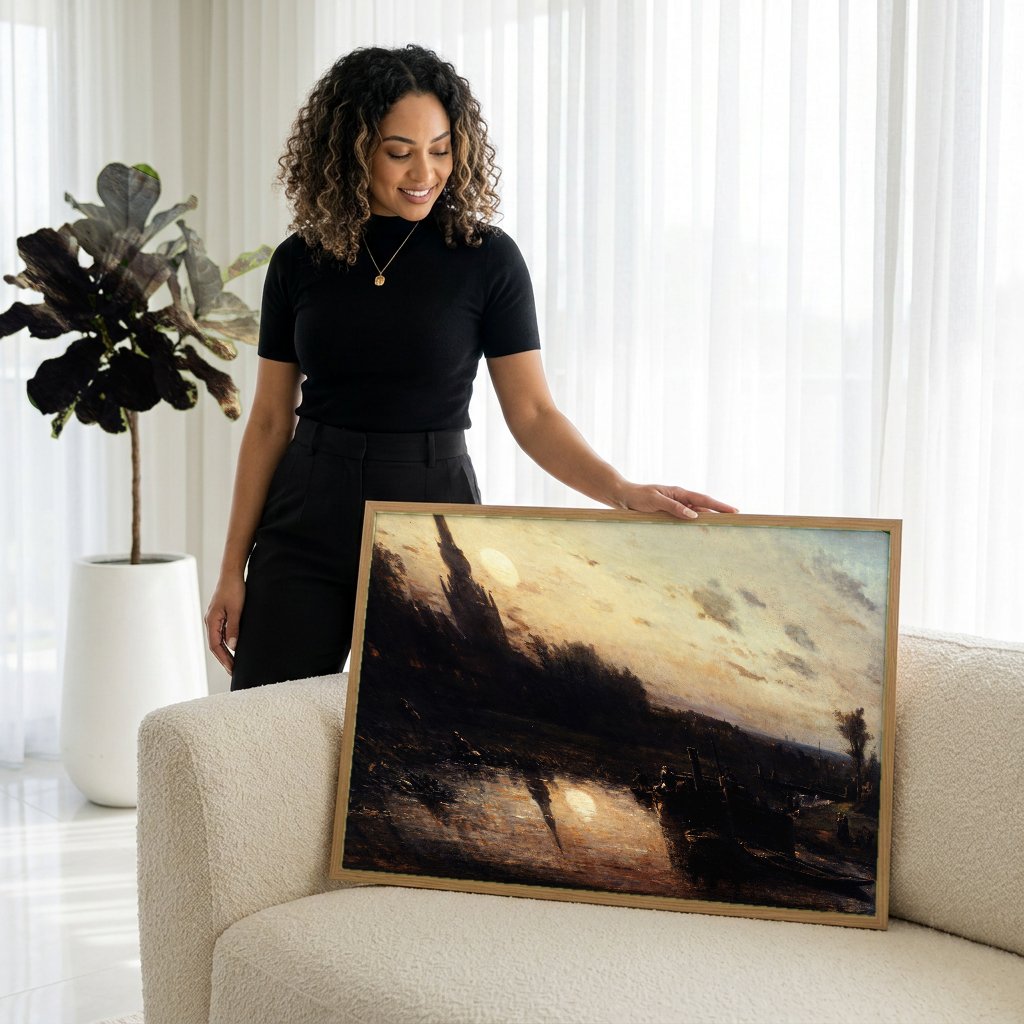 Quadro Decorativo Noite ao Luar - Johan Barthold Jongkind com modelo em ambiente