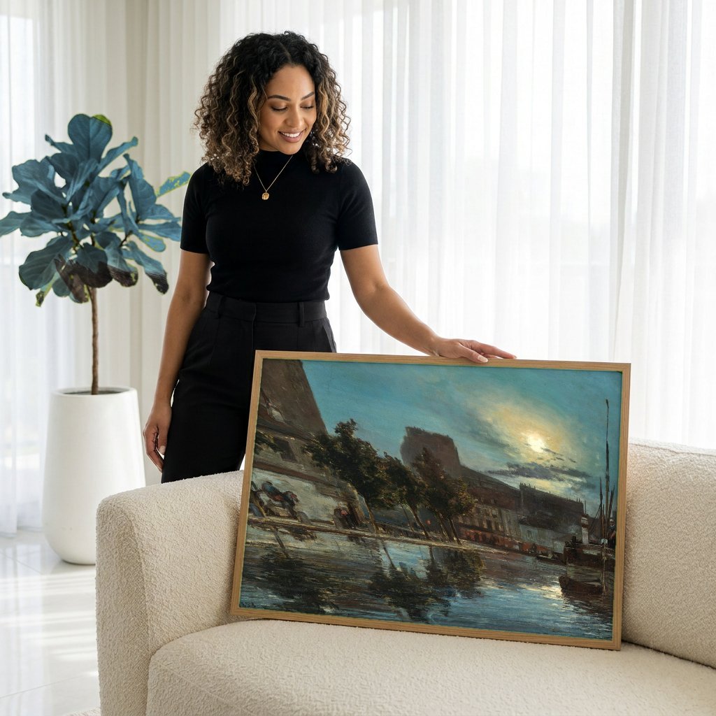 Quadro Decorativo Porto ao Luar - Johan Barthold Jongkind com modelo em ambiente