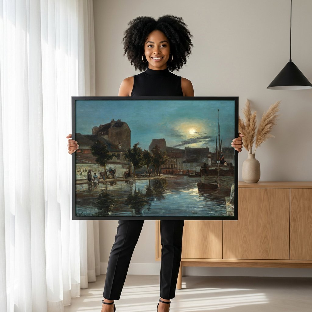Quadro Decorativo Porto ao Luar - Johan Barthold Jongkind com modelo em ambiente