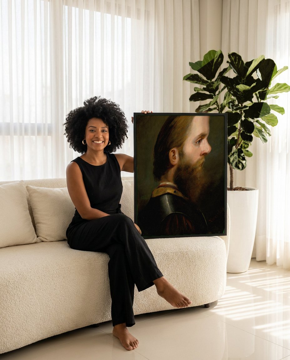 Quadro Decorativo 'Cabeça de Homem com Barba' - Amerling com modelo em ambiente