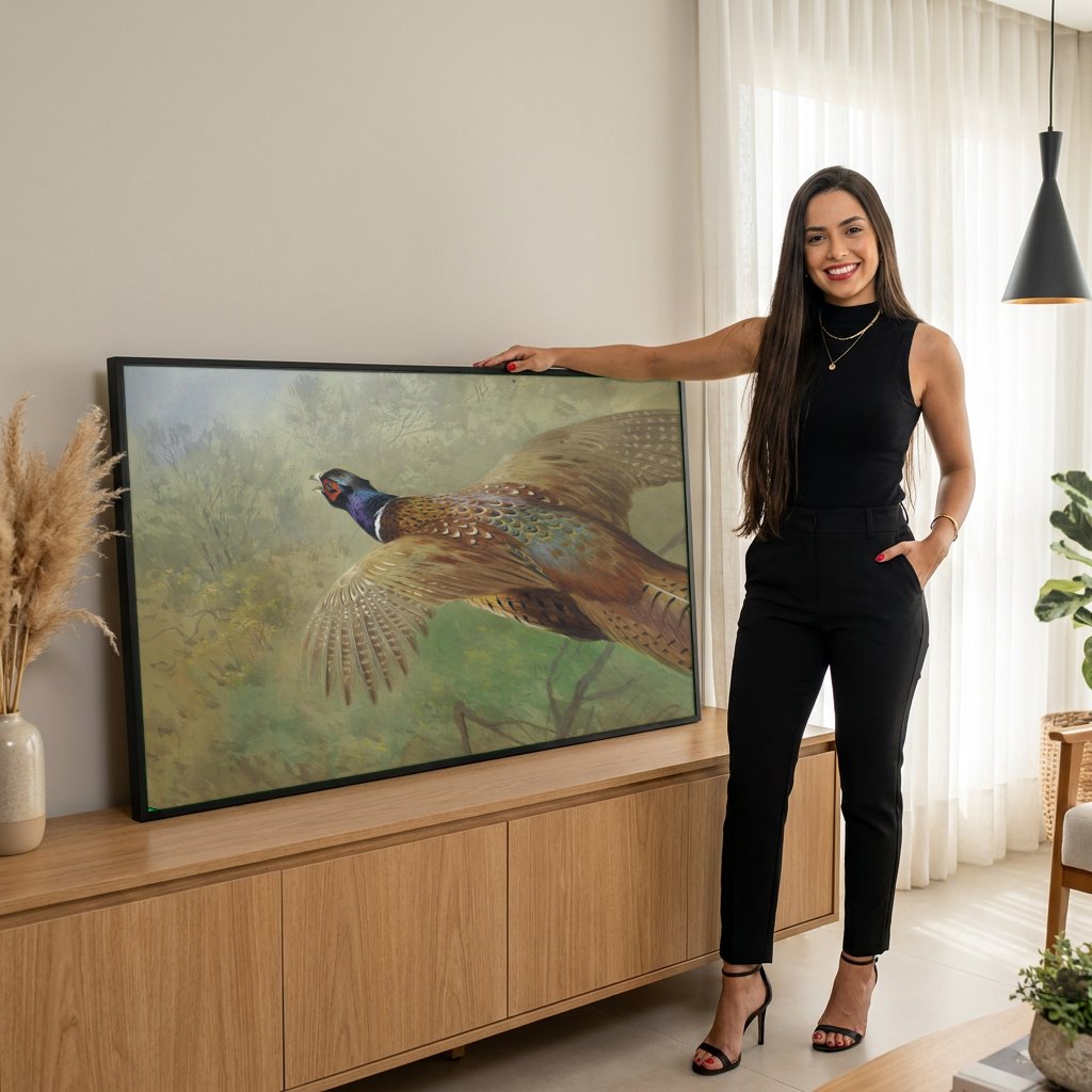 Quadro Decorativo Faisão em Voo - Archibald Thorburn com modelo em ambiente