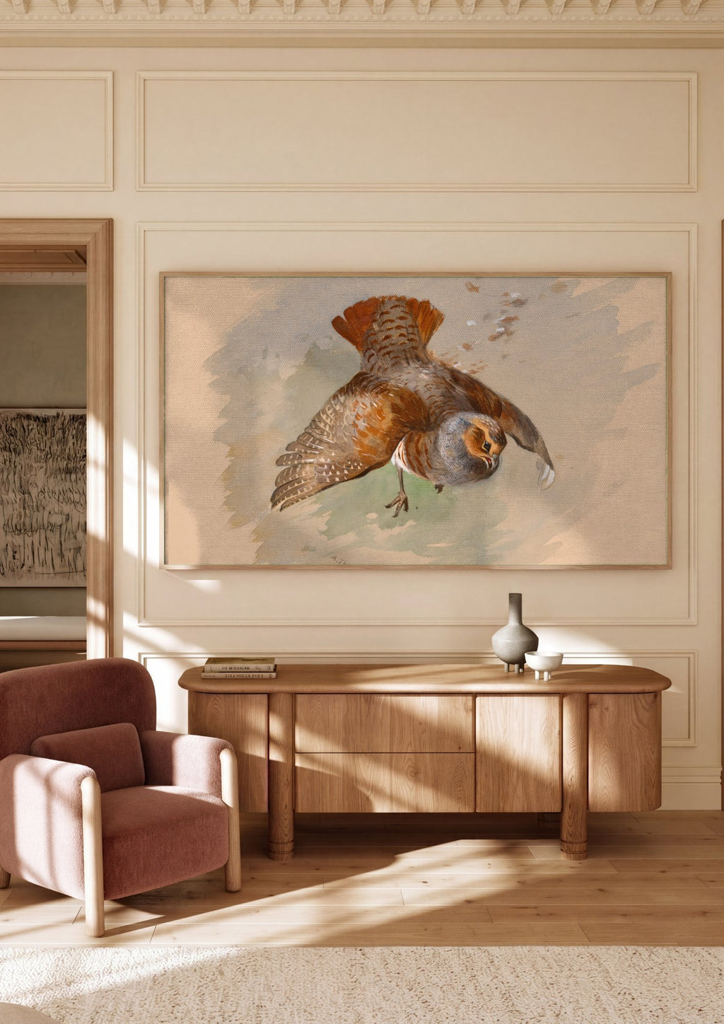 Quadro Decorativo Perdiz em Voo - Archibald Thorburn em ambiente decorado