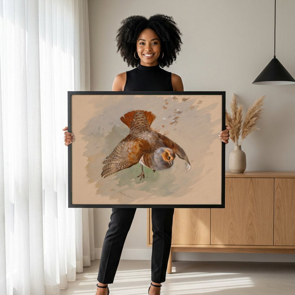 Quadro Decorativo Perdiz em Voo - Archibald Thorburn com modelo em ambiente