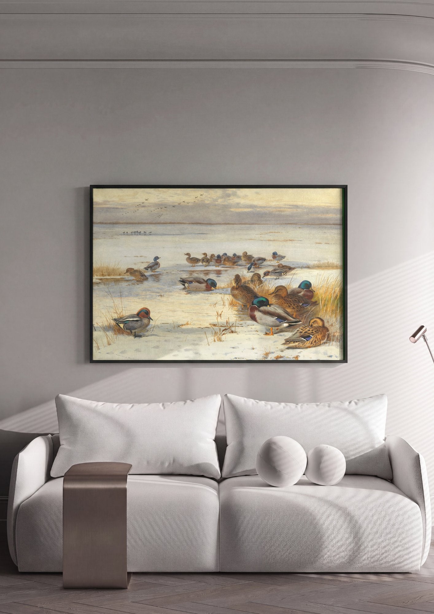 Quadro Decorativo Patos no Gelo - Archibald Thorburn em ambiente decorado