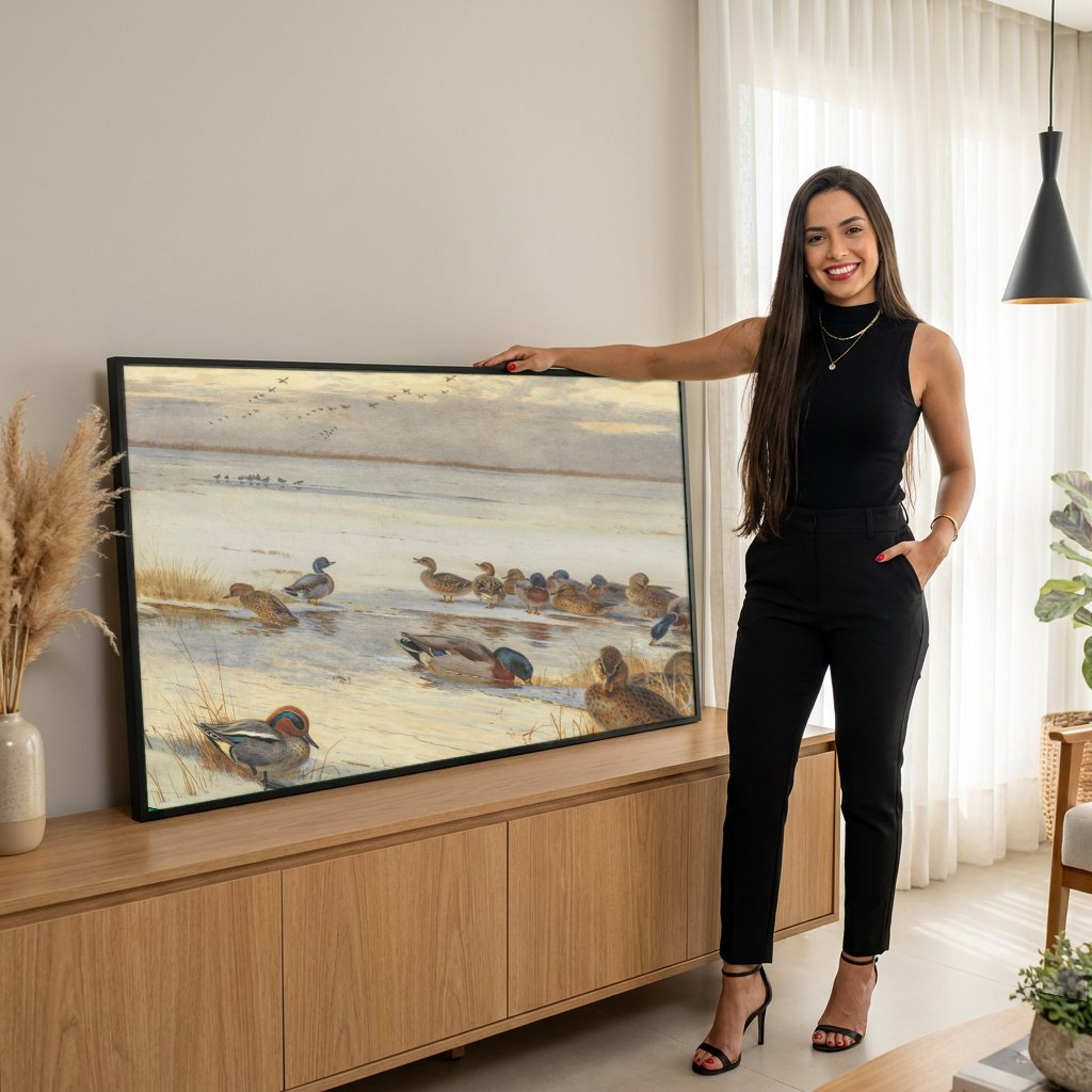 Quadro Decorativo Patos no Gelo - Archibald Thorburn com modelo em ambiente