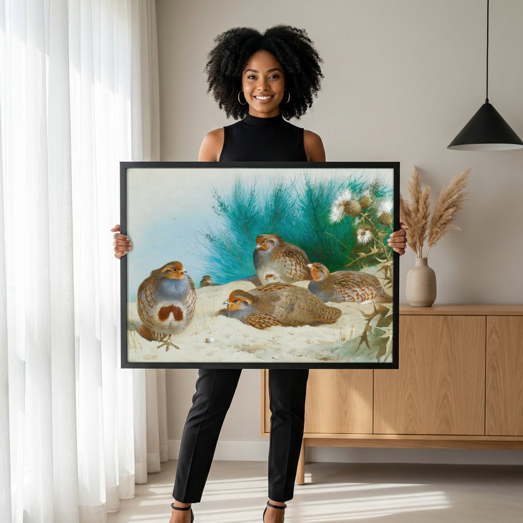 Quadro Decorativo Aves do Campo - Archibald Thorburn com modelo em ambiente