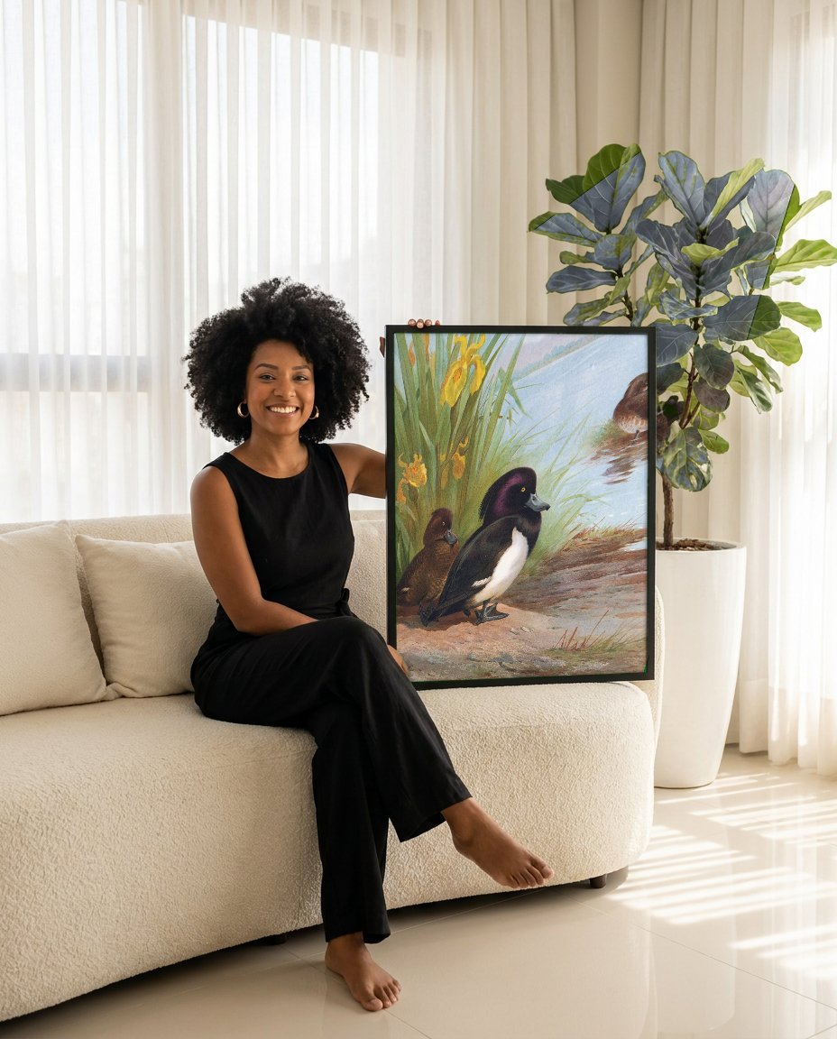 Quadro Decorativo Patos no Lago - Archibald Thorburn com modelo em ambiente