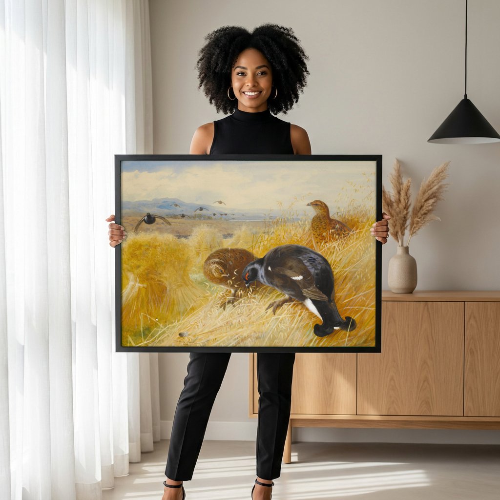 Quadro Decorativo Aves de Campo - Archibald Thorburn com modelo em ambiente