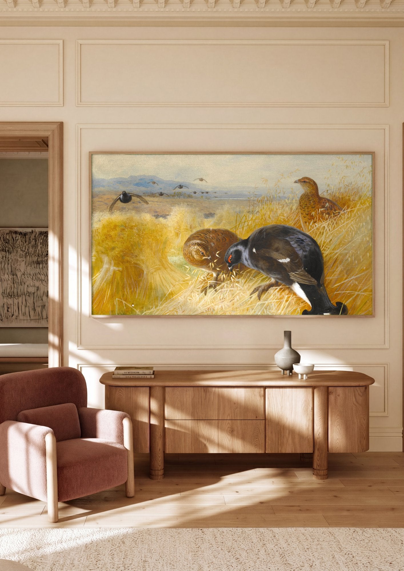 Quadro Decorativo Aves de Campo - Archibald Thorburn em ambiente decorado