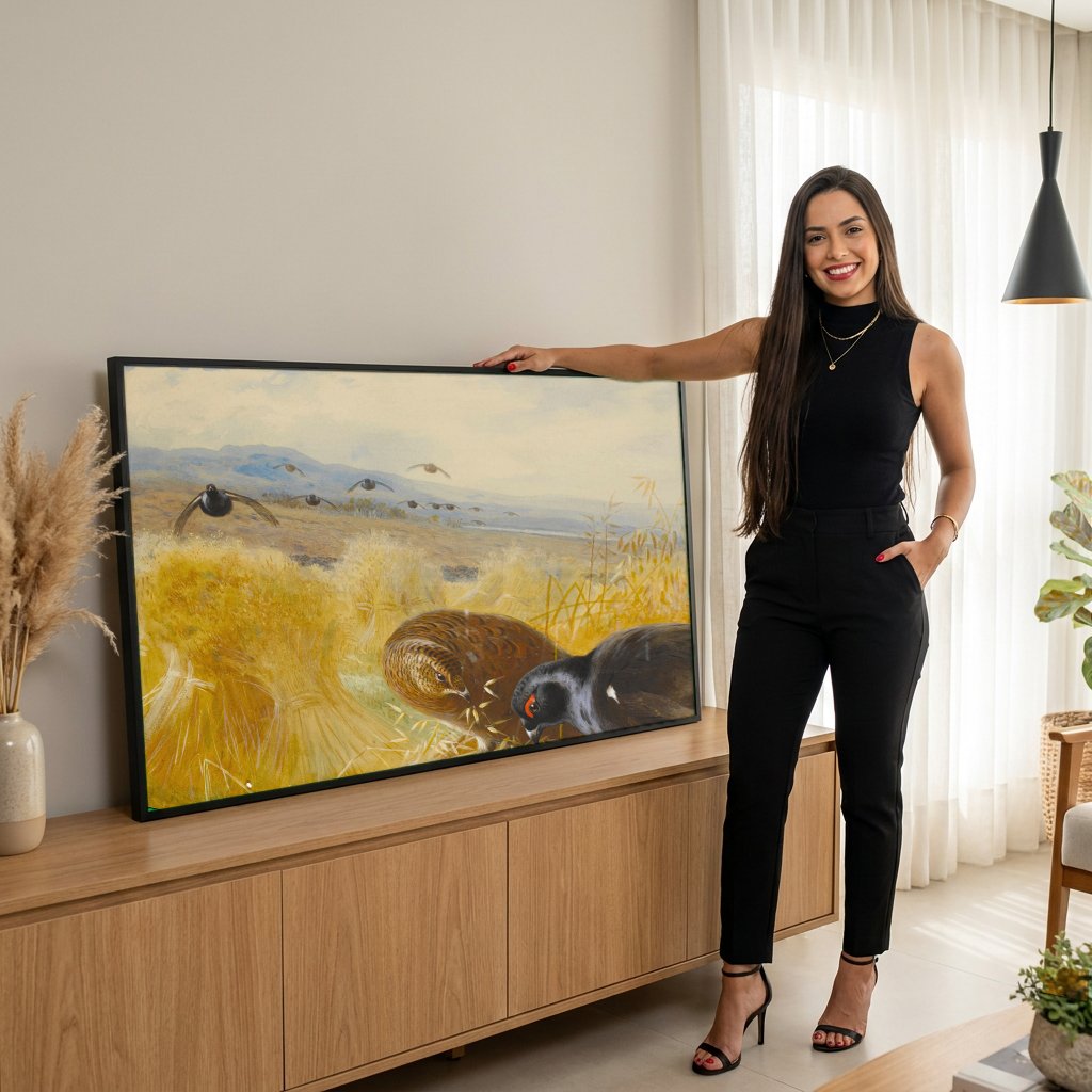 Quadro Decorativo Aves de Campo - Archibald Thorburn com modelo em ambiente