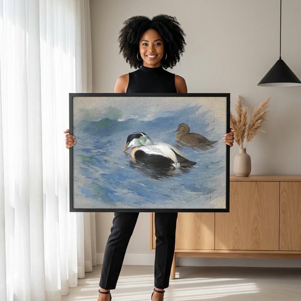 Quadro Decorativo Patos no Lago - Archibald Thorburn com modelo em ambiente