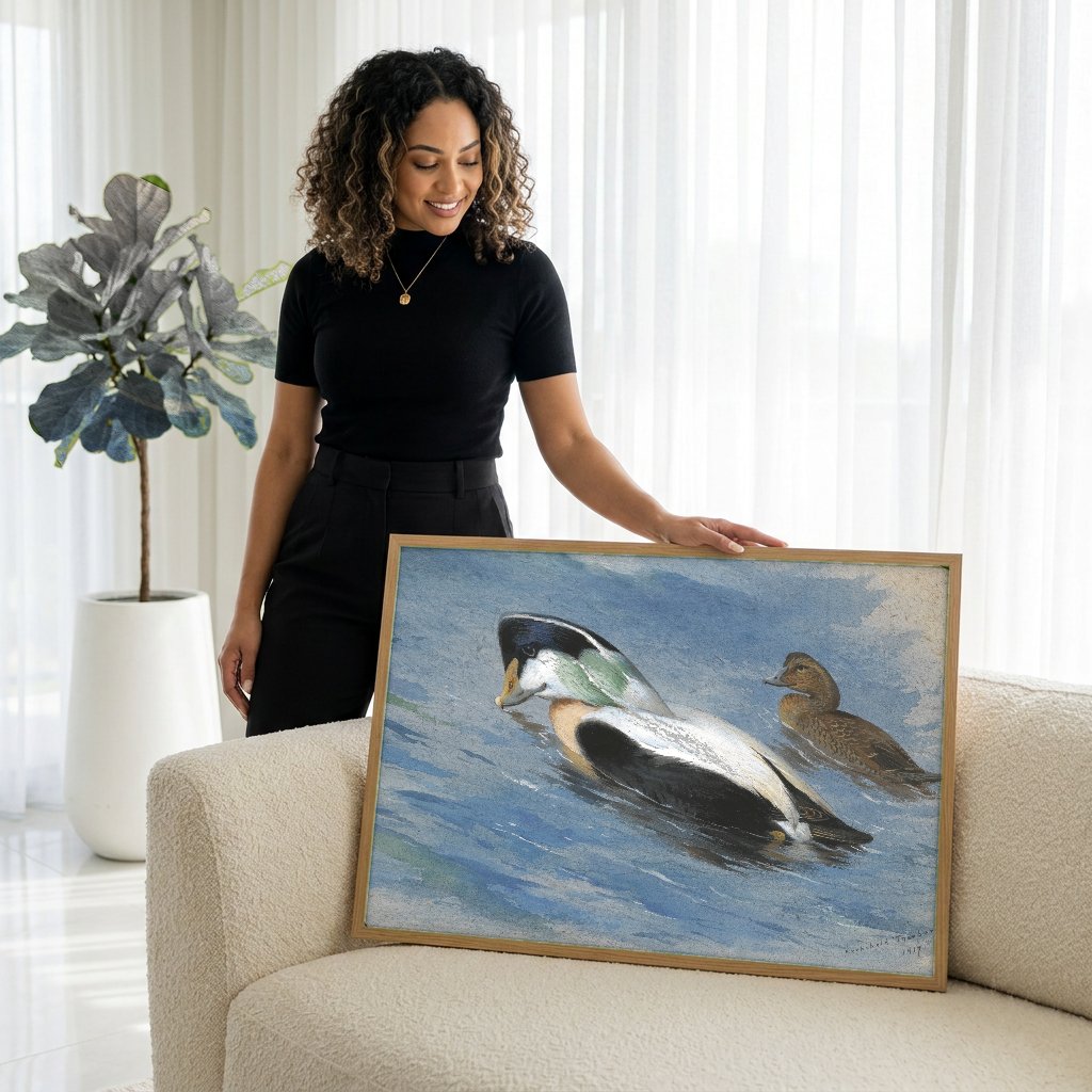 Quadro Decorativo Patos no Lago - Archibald Thorburn com modelo em ambiente