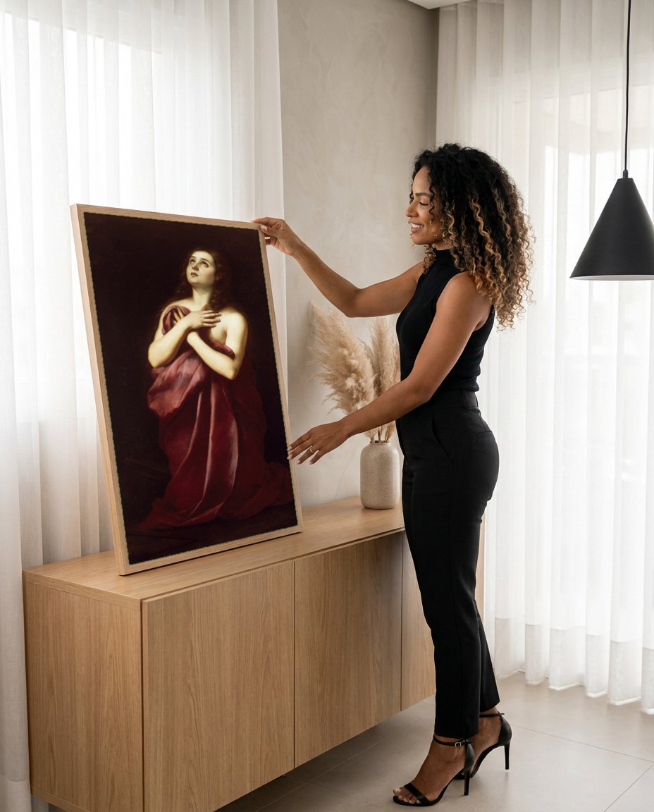 Quadro Decorativo Madalena Penitente - Bartolomé Estebán Murillo com modelo em ambiente