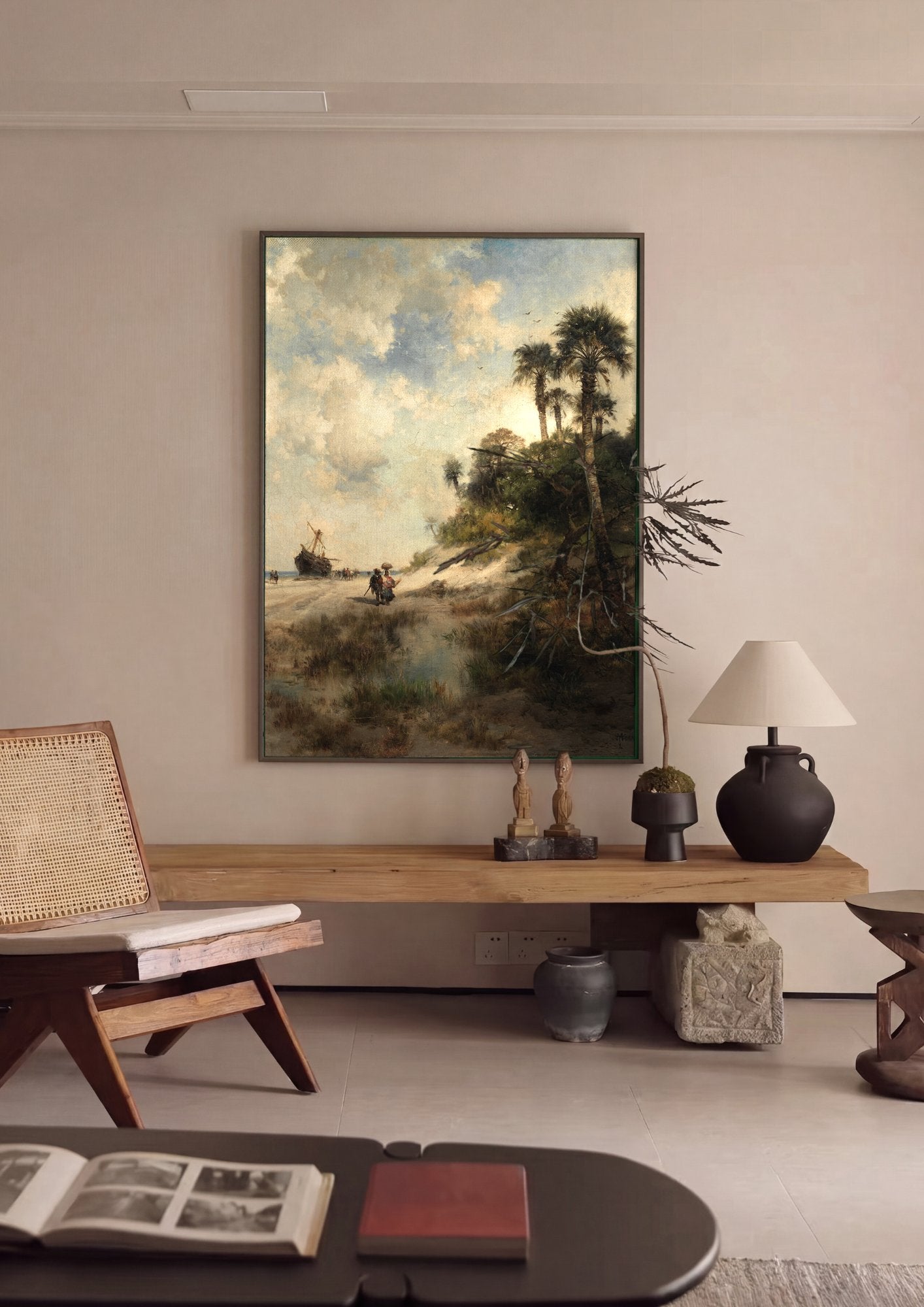 Quadro Decorativo Praia Tropical com Barco Naufragado - Thomas Moran em ambiente decorado