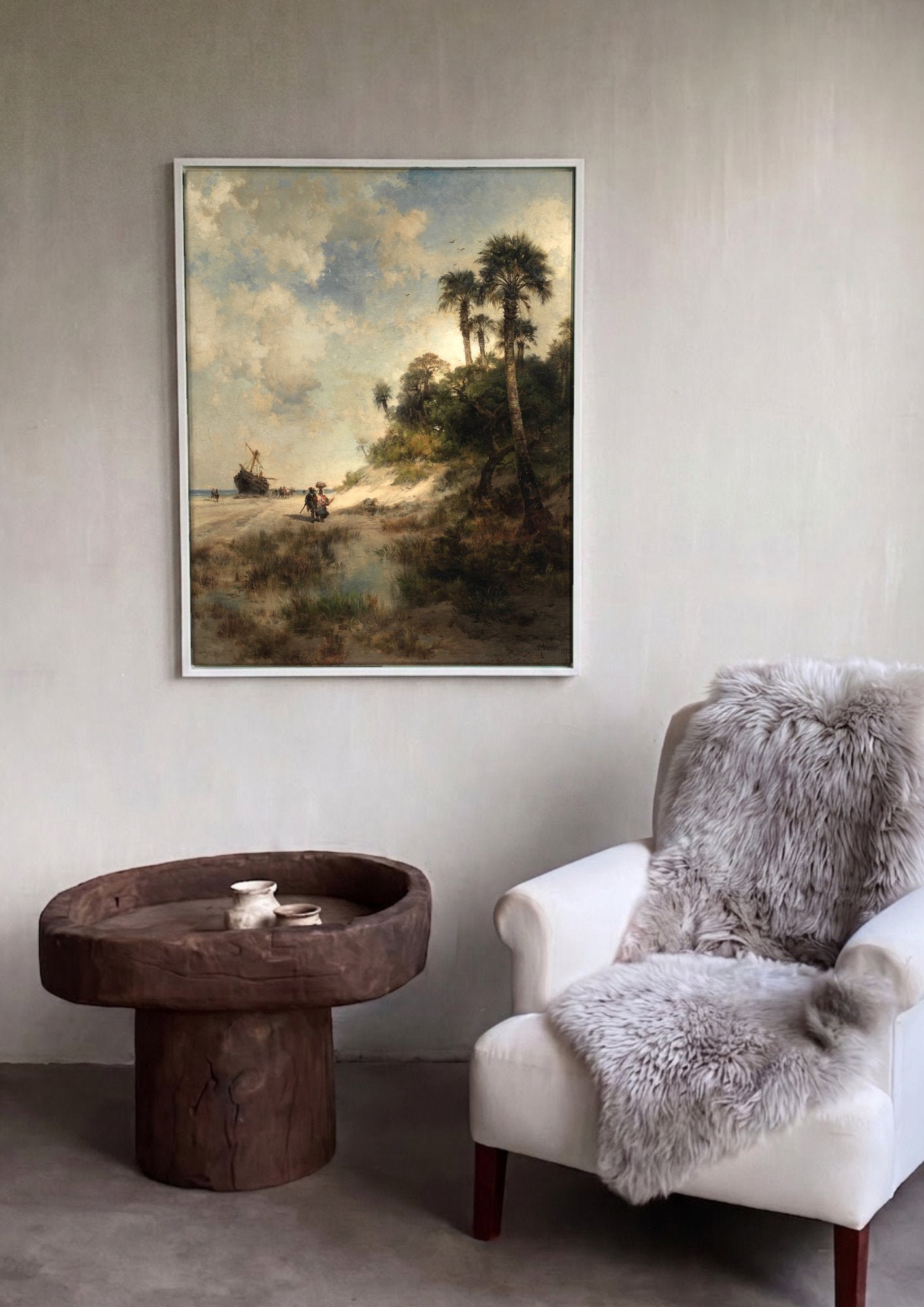 Quadro Decorativo Praia Tropical com Barco Naufragado - Thomas Moran em ambiente decorado