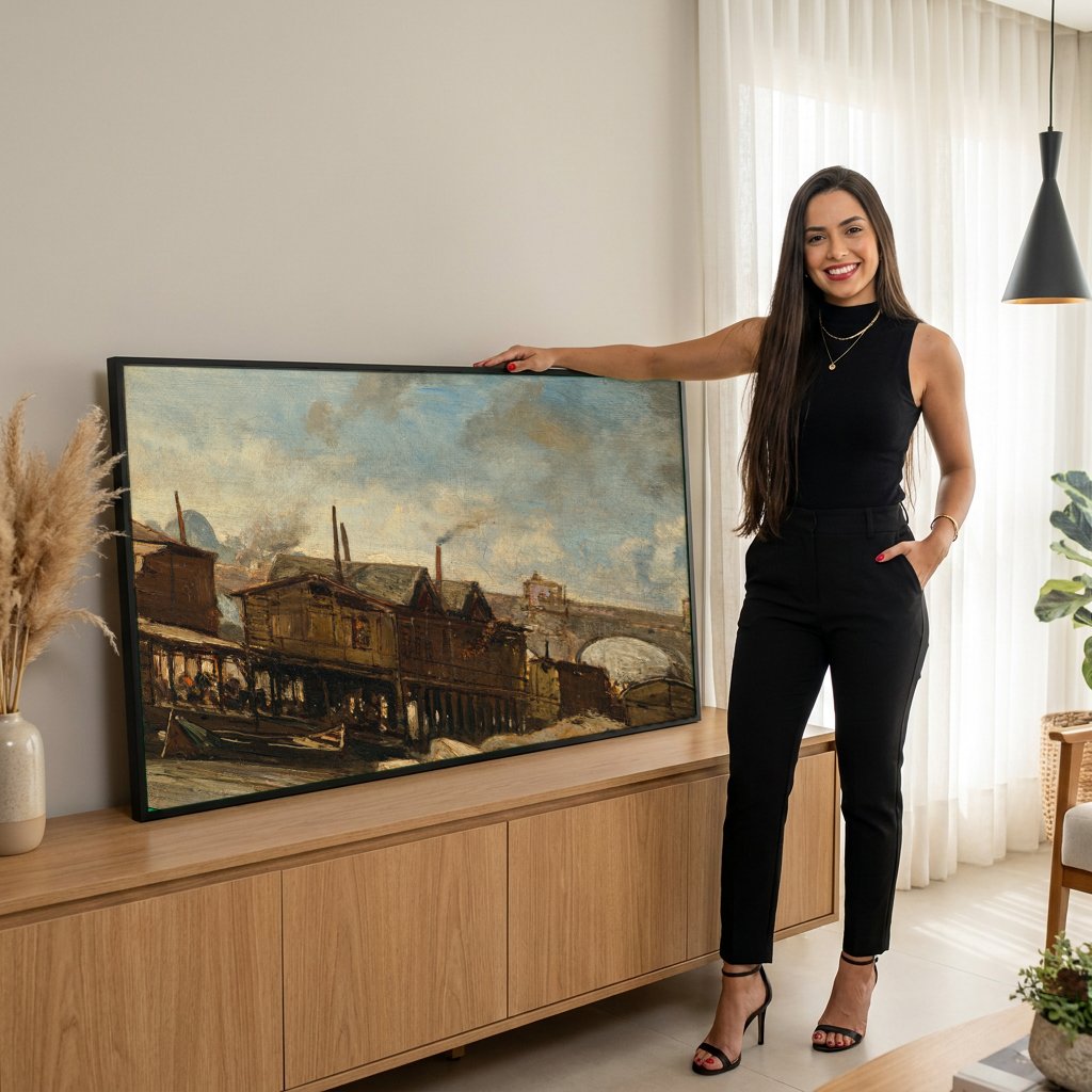 Quadro Decorativo Porto Urbano - Johan Barthold Jongkind com modelo em ambiente