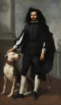 Quadro decorativo mostrando um retrato de um cavalheiro com bigode e cabelo longo e escuro, vestindo roupas escuras e elegantes do século XVII, com um cão branco e marrom sentado ao seu lado, em um fundo de colunas e céu cinzento. A mão do cavalheiro repousa sobre a cabeça do cão.