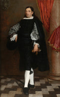 Quadro decorativo com um retrato de corpo inteiro de um cavalheiro do século XVII, vestido em trajes escuros ricamente detalhados, com mangas brancas rendadas, em uma pose imponente. Atribuído a Murillo.