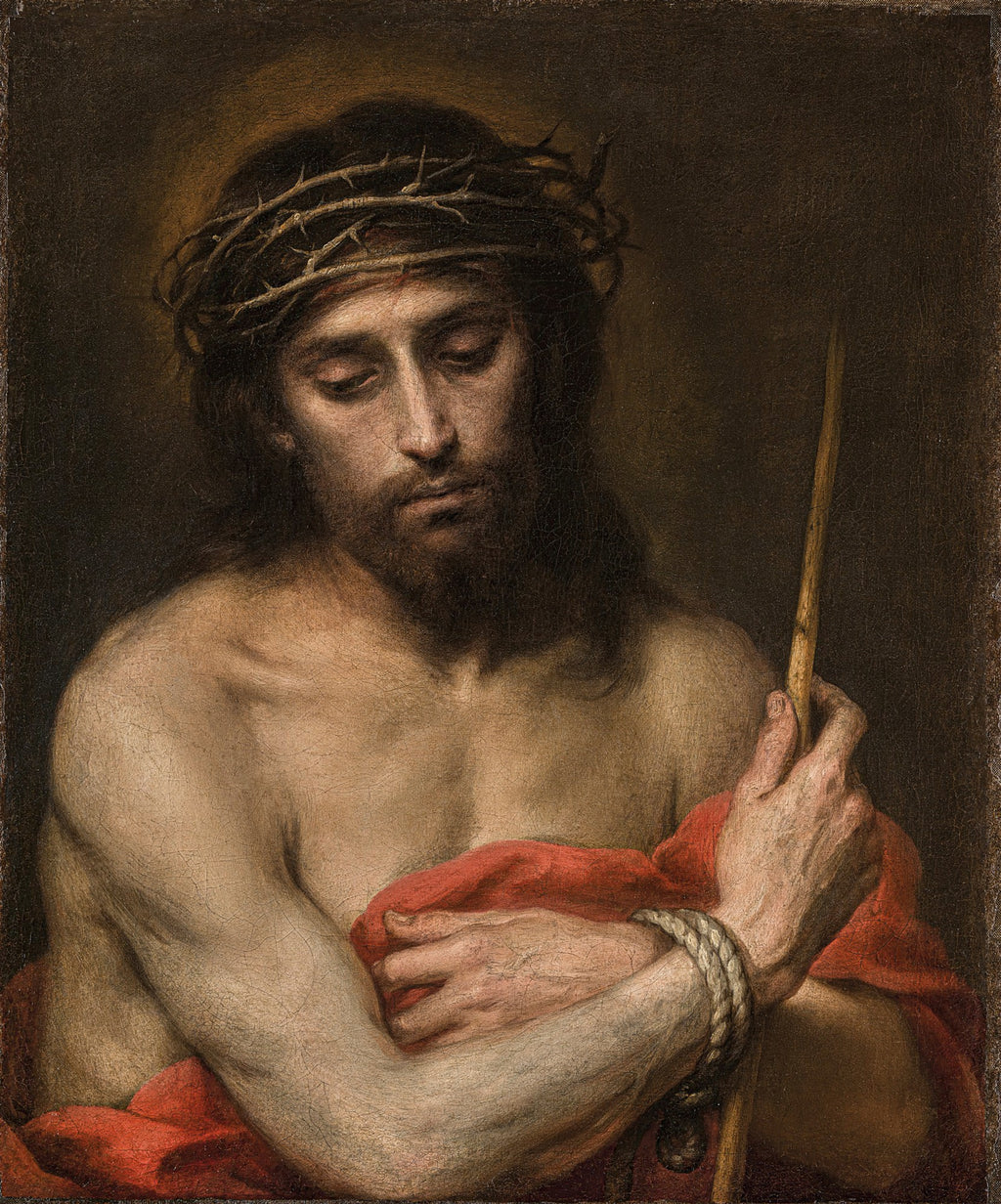 Quadro decorativo mostrando a obra 'Ecce Homo' de Bartolomé Estebán Murillo, com Jesus Cristo usando coroa de espinhos e as mãos amarradas, em tons terrosos e dramáticos.