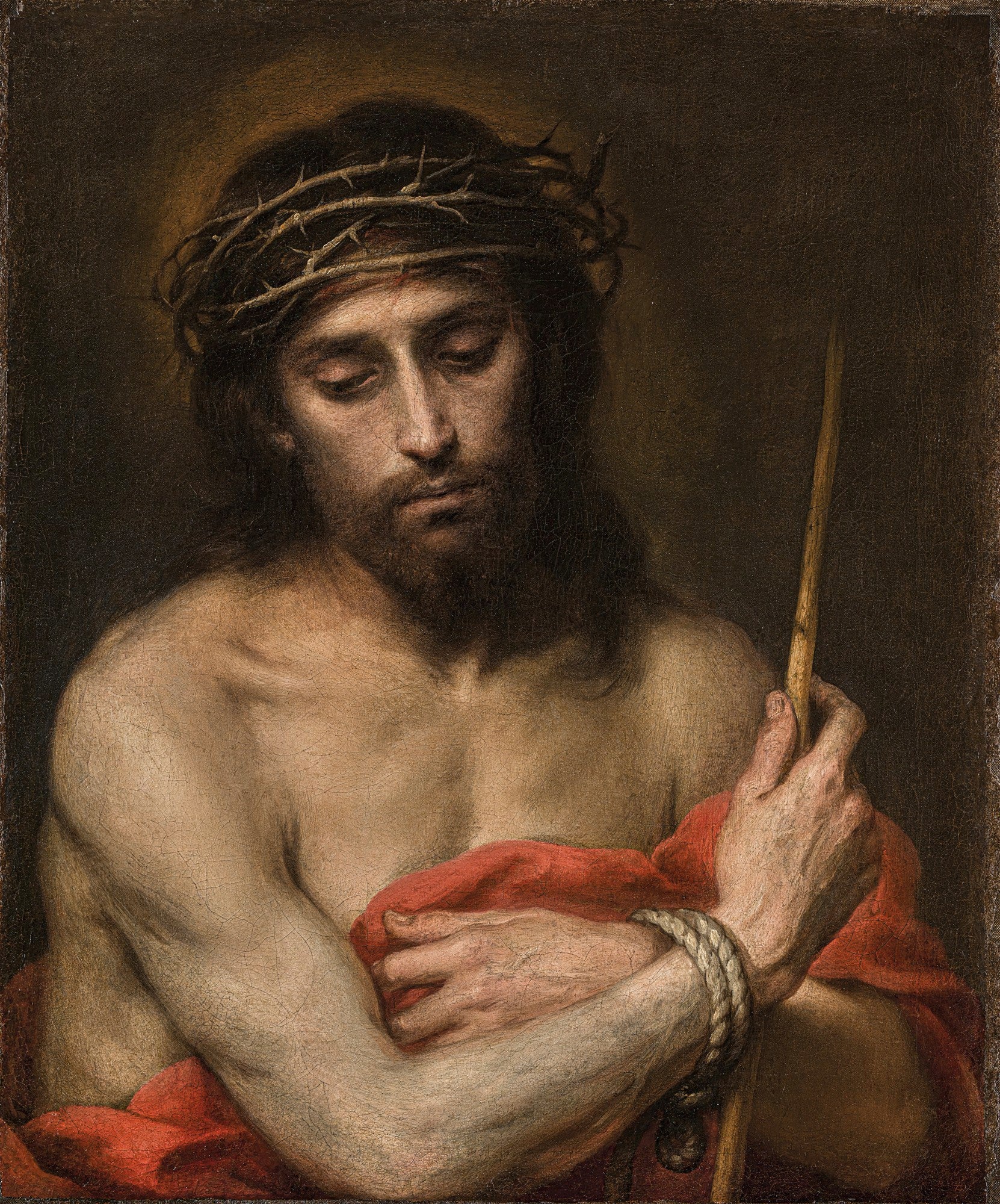 Quadro decorativo mostrando a obra 'Ecce Homo' de Bartolomé Estebán Murillo, com Jesus Cristo usando coroa de espinhos e as mãos amarradas, em tons terrosos e dramáticos.