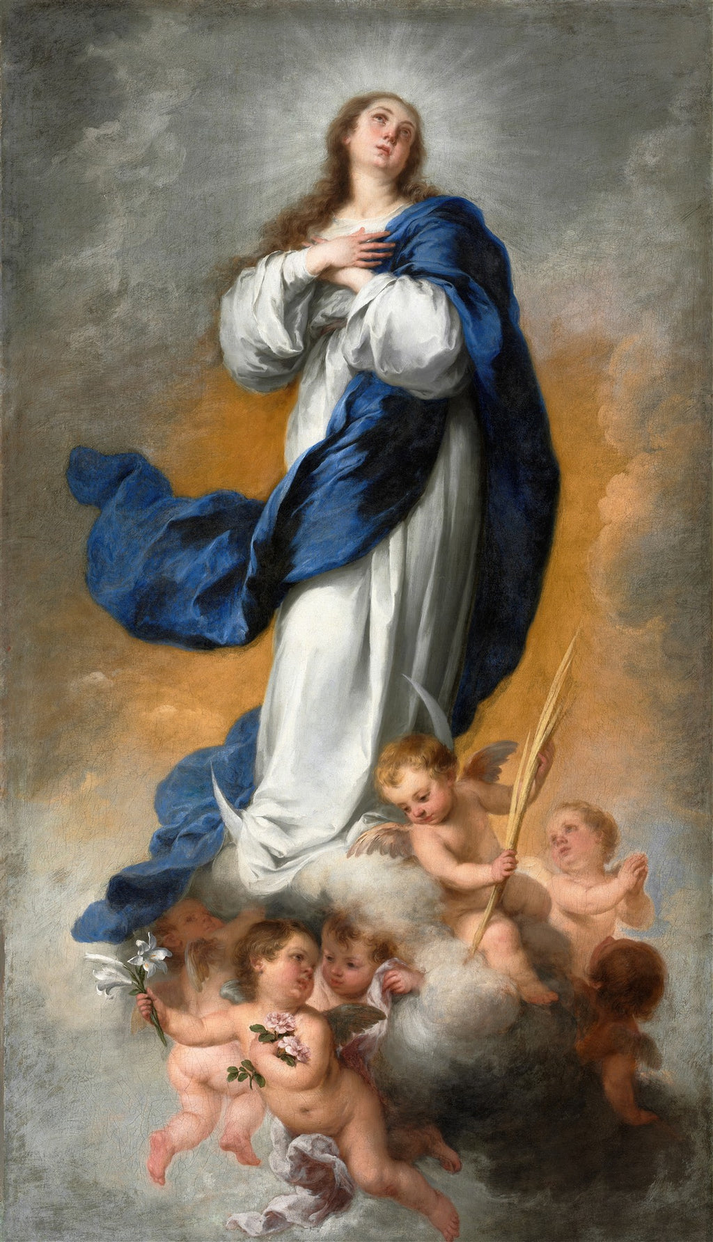 Quadro decorativo Imaculada Conceição de Soult, de Bartolomé Estebán Murillo. Representa a Virgem Maria em êxtase, rodeada por anjos, em tons celestiais de azul, branco e dourado.