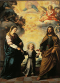 Pintura barroca de Bartolomé Estebán Murillo, A Sagrada Família, mostrando Maria, José e o Menino Jesus, com anjos e a Santíssima Trindade no céu dourado. Predominam tons quentes, marrons, azuis e dourados.