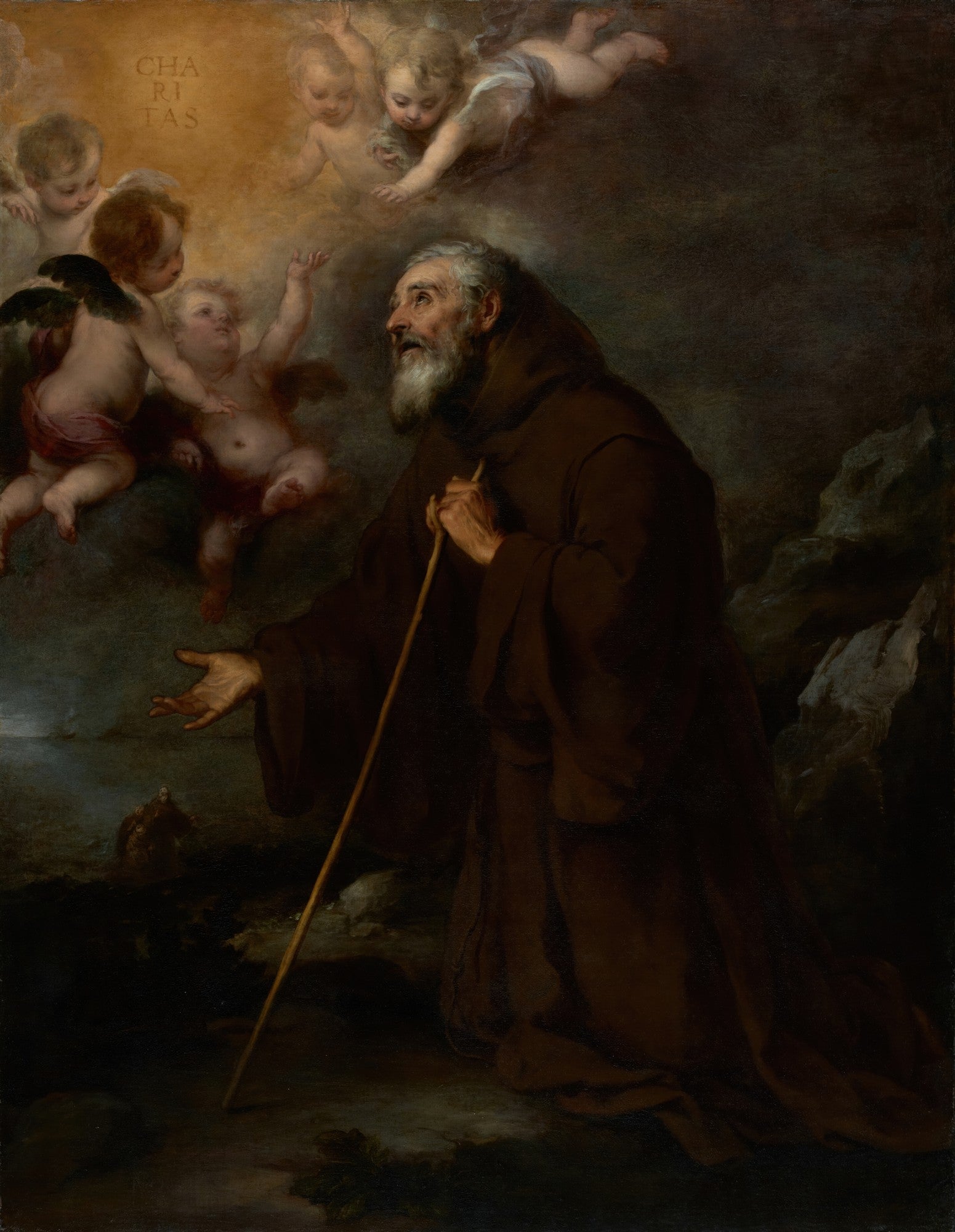 Quadro decorativo mostrando Santo Antônio de Pádua ajoelhado, olhando para cima em êxtase, com anjos e querubins flutuando em uma nuvem de luz dourada. A cena é dramática, com contrastes de luz e sombra, característicos do estilo barroco de Murillo.