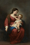 Quadro decorativo 'A Virgem e o Menino' de Bartolomé Estebán Murillo, mostrando Maria em um vestido vermelho e manto azul segurando o Menino Jesus em seu colo. A cena é pintada em tons escuros e ricos, com a luz focando nas figuras.