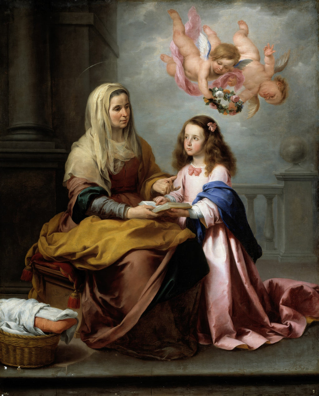 Quadro decorativo 'A Educação da Virgem' de Bartolomé Estebán Murillo, mostrando Santa Ana ensinando a Virgem Maria, com anjos no céu.